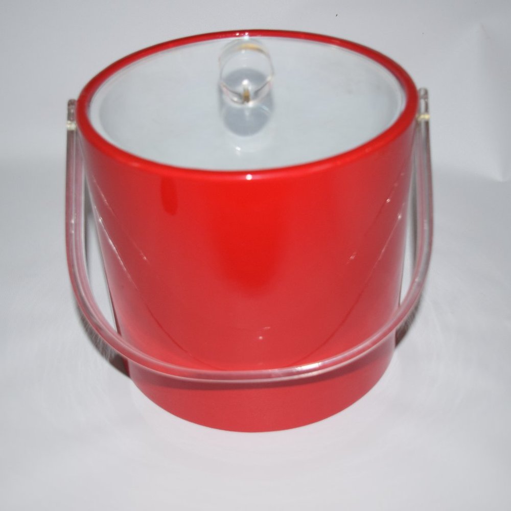 MCM Shelton Ware RED Ice Bucket Clear Lucite Lid Handle USA Retro Lowie Co